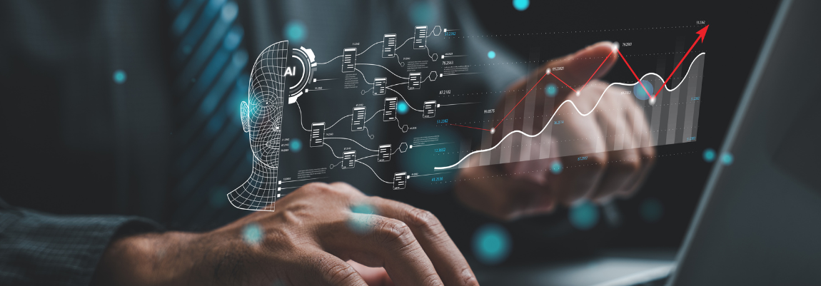 Close-up of hands using a laptop, overlaid with an AI head graphic, connected data points and rising line charts representing AI, data and digital decision-making.